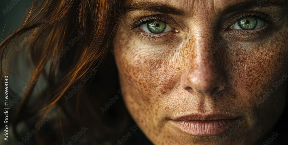 A woman gazes intensely at the camera, showcasing captivating green eyes and freckles. Warm, natural light highlights her features, conveying emotion and depth. A woman gazes intensely at the camera, showcasing captivating green eyes and freckles. Warm, natural light highlights her features, conveying emotion and depth.
