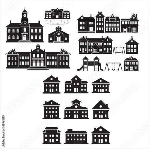 set of black vector school buildings silhouette