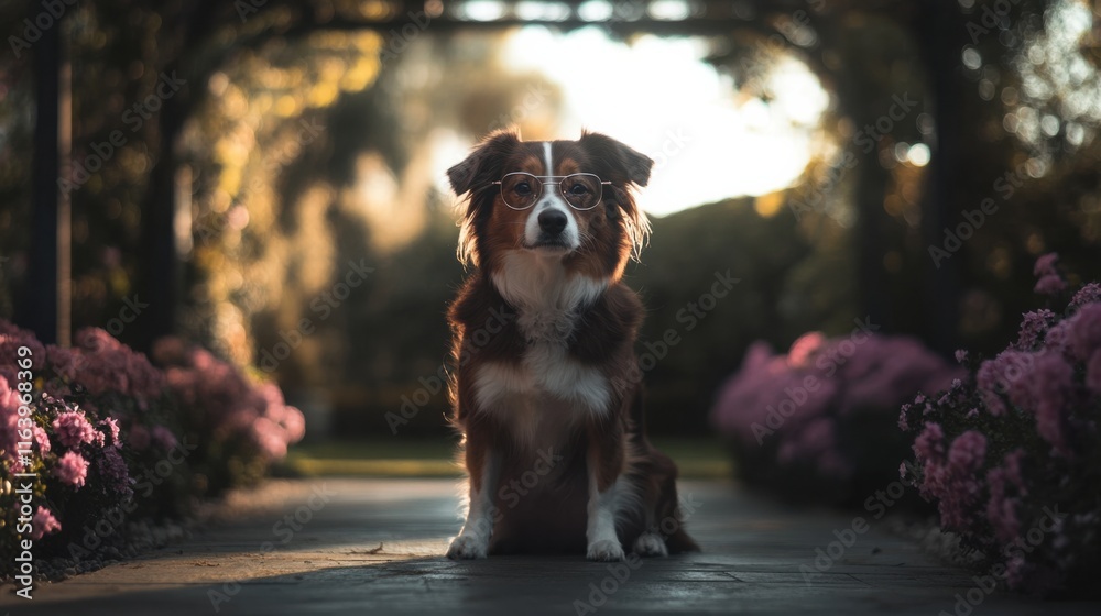Obraz premium Adorable dog in metal glasses enjoying a spring garden stroll at sunset