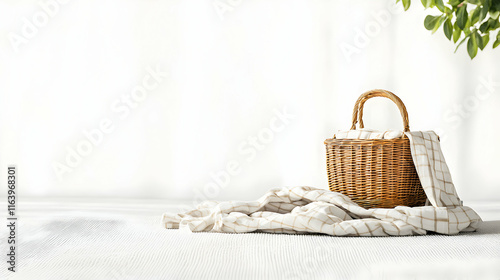 Relaxing picnic setup with woven basket and blanket in serene indoor space