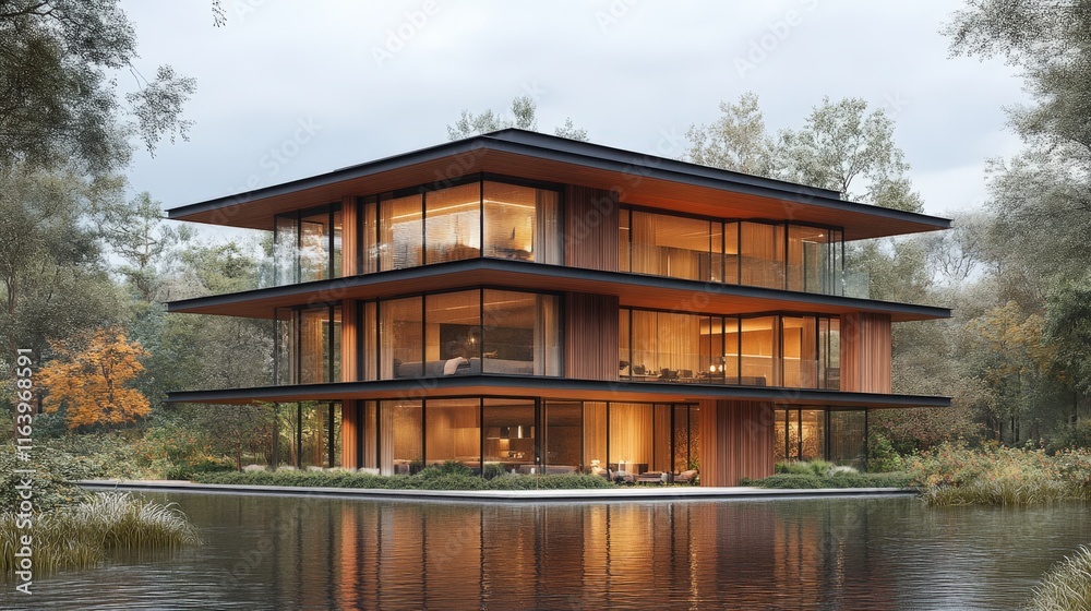Modern three-story house on lake, illuminated at dusk. Modern three-story house on lake, illuminated at dusk.