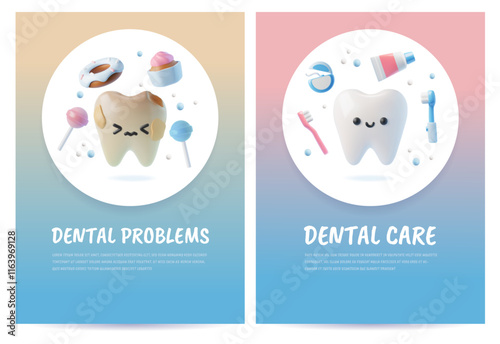 Dental care and problems poster vector set, 3D healthy tooth and oral care products, unhealthy tooth exposed to sweets