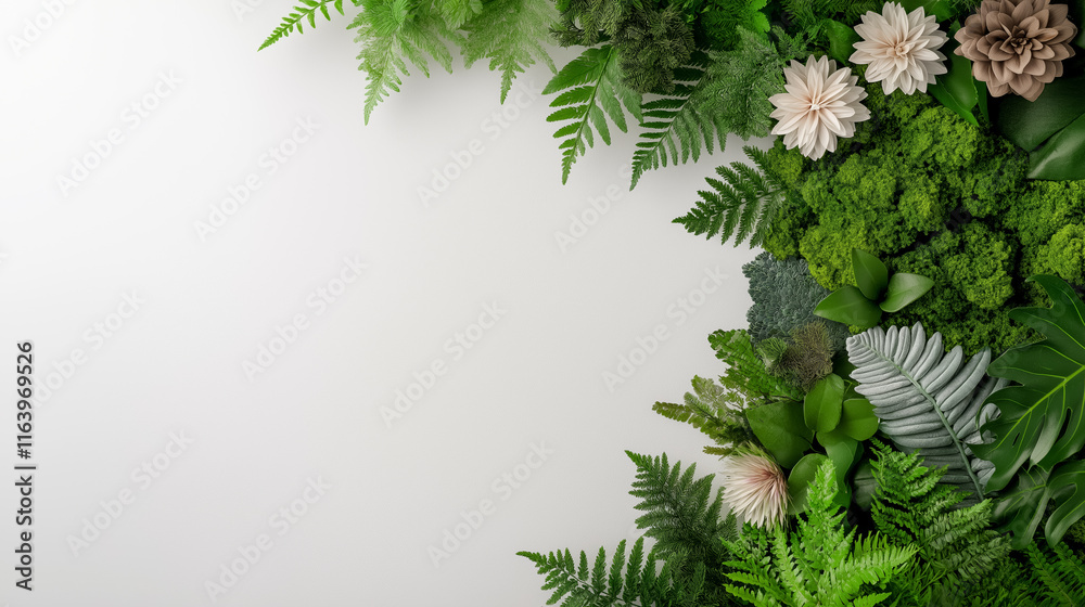 Decorative leaf frame with lush greenery and moss Decorative leaf frame with lush greenery and moss