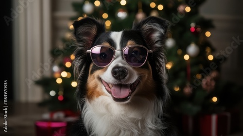 Adorable dog with glasses posing in front of festive christmas tree for holiday cheer photo