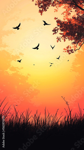 silhouette of autumn grass in early morning with birds in sunrise sky background