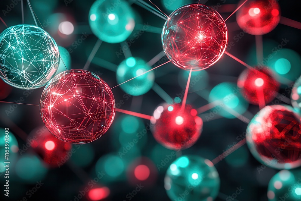 A web of interconnected digital orbs in vibrant red and teal, casting soft light on a textured dark background
