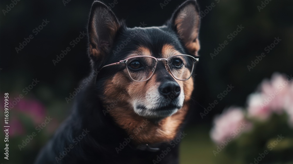 Adorable dog with metal glasses in a spring garden setting Adorable dog with metal glasses in a spring garden setting