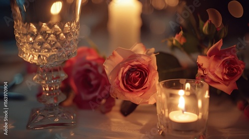 A romantic table setting with roses and candles, creating a warm, intimate atmosphere.