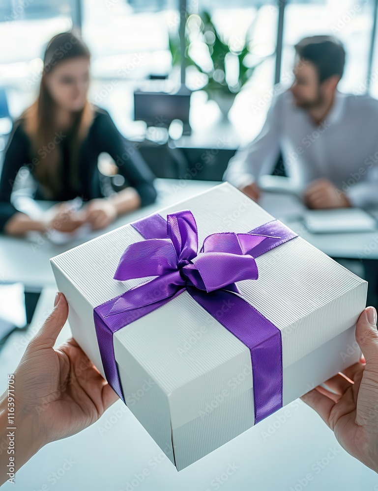 A white gift box with a purple ribbon being passed from one person to another, surrounded by a soft-focus background of colleagues working