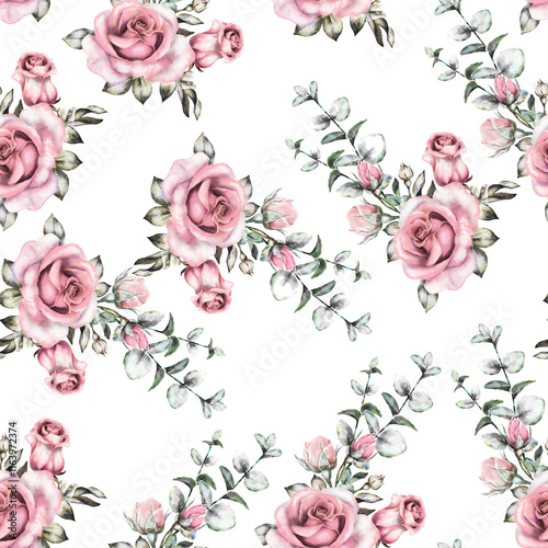 Seamless Watercolor Pattern with Pink Roses on a Background – Perfect for Home Textiles, Fabric Design, Wall Decor, Scrapbooking, Digital Paper, Notebooks, and More