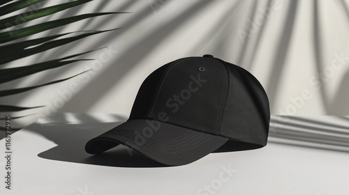 A black baseball cap, placed on a table with a white background and the shadow of palm leaves