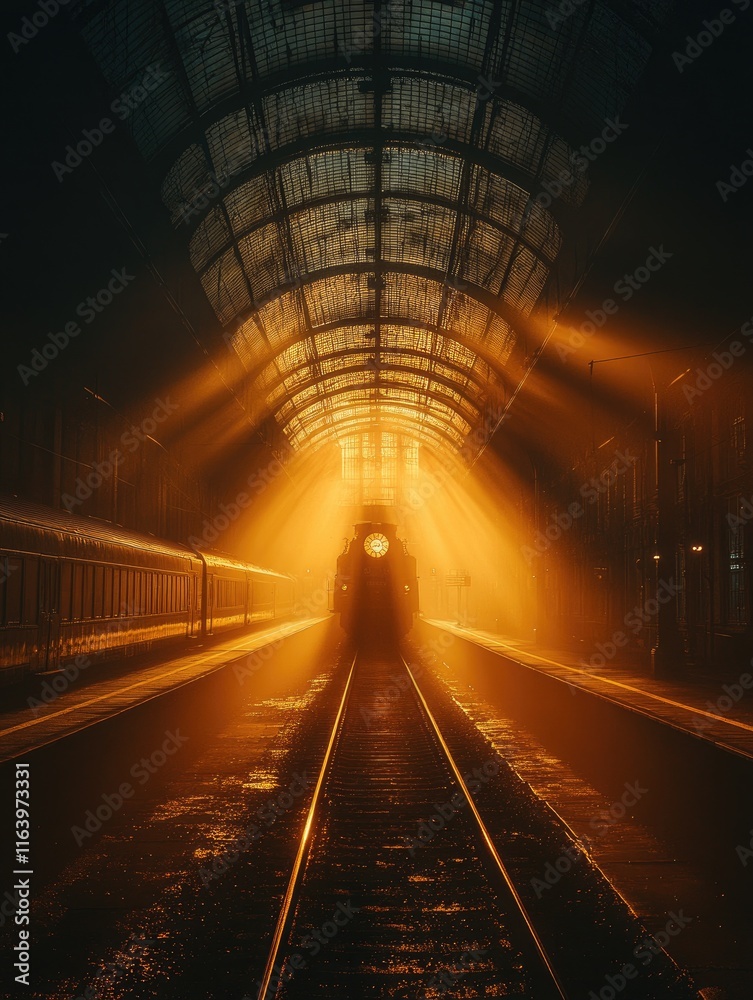 Fototapeta premium A train emerges dramatically from a dimly lit tunnel, with beams of golden light piercing the darkness.