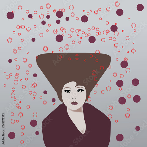 A portrait of a woman with an odd hairstyle is decorated with circular shapes.