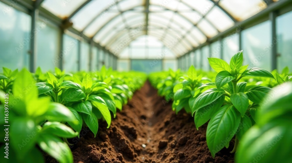 Rows of vibrant green plants thriving in a sunlit greenhouse, showcasing the beauty of controlled agricultural environments Rows of vibrant green plants thriving in a sunlit greenhouse, showcasing the beauty of controlled agricultural environments