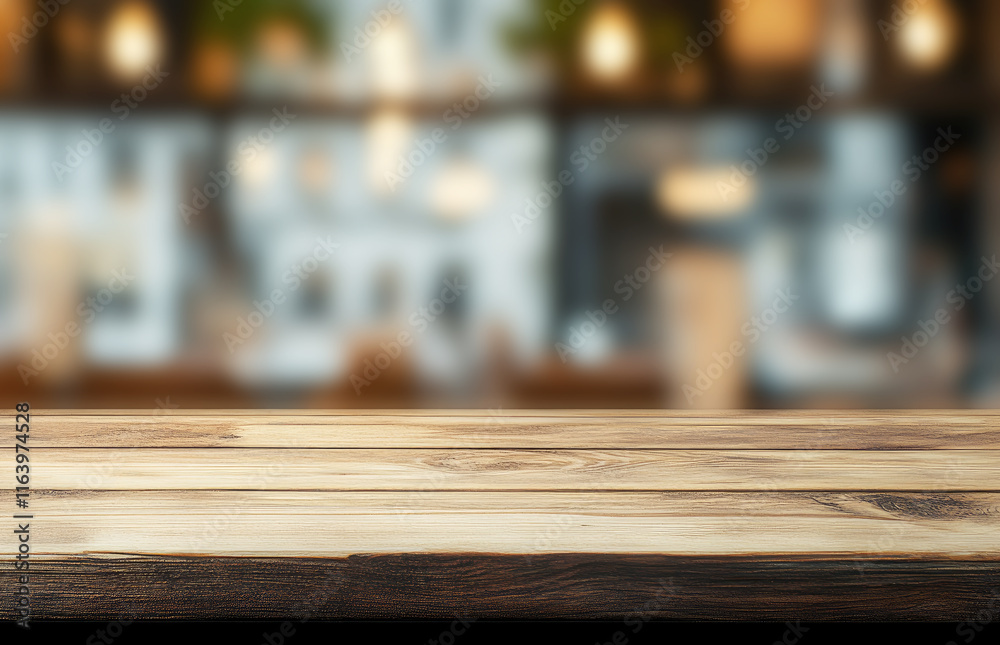 A wooden counter in front of a softly blurred cafe background that's perfect for product photography. A wooden counter in front of a softly blurred cafe background that's perfect for product photography.