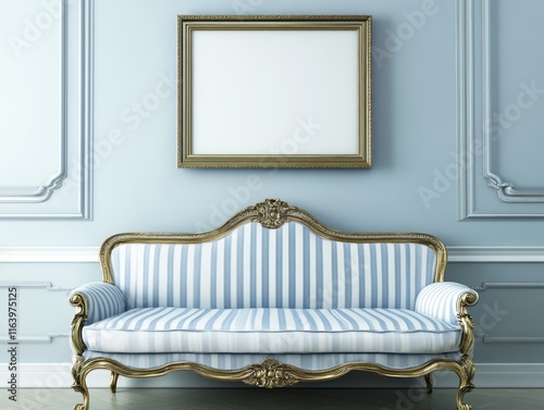 Elegant Gold Framed Artwork Above Striped Sofa photo