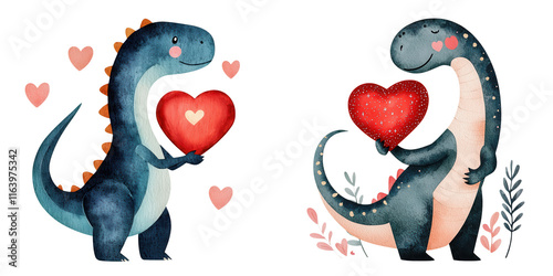 Whimsical Watercolor Dinosaurs Holding Glowing Hearts Surrounded by Pink Hearts and Green Foliage in a Playful and Cheerful Style