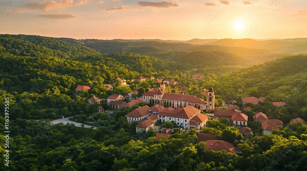 Fototapeta premium Panoramic aerial view of a picturesque village nestled in a valley at sunset, with surrounding forests and rolling hills.