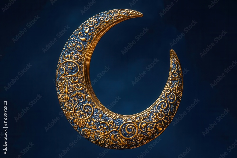 ornate golden crescent moon adorned with intricate designs, set against a deep blue night sky, symbolizing peace and reflection during eid al-fitr celebrations ornate golden crescent moon adorned with intricate designs, set against a deep blue night sky, symbolizing peace and reflection during eid al-fitr celebrations