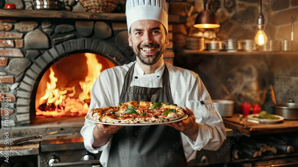 The cook holds pizza in his hands. Selective focus. Food.