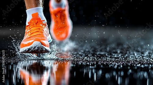 Close-up of orange running shoes splashing through water.
