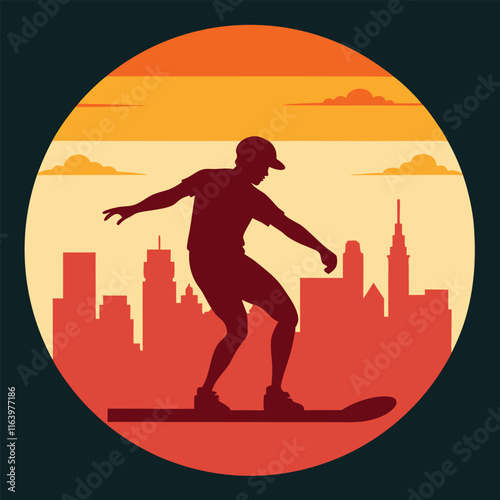 Urban Sunset Silhouette Cityscape Wakeboarding, Summer Sports Action