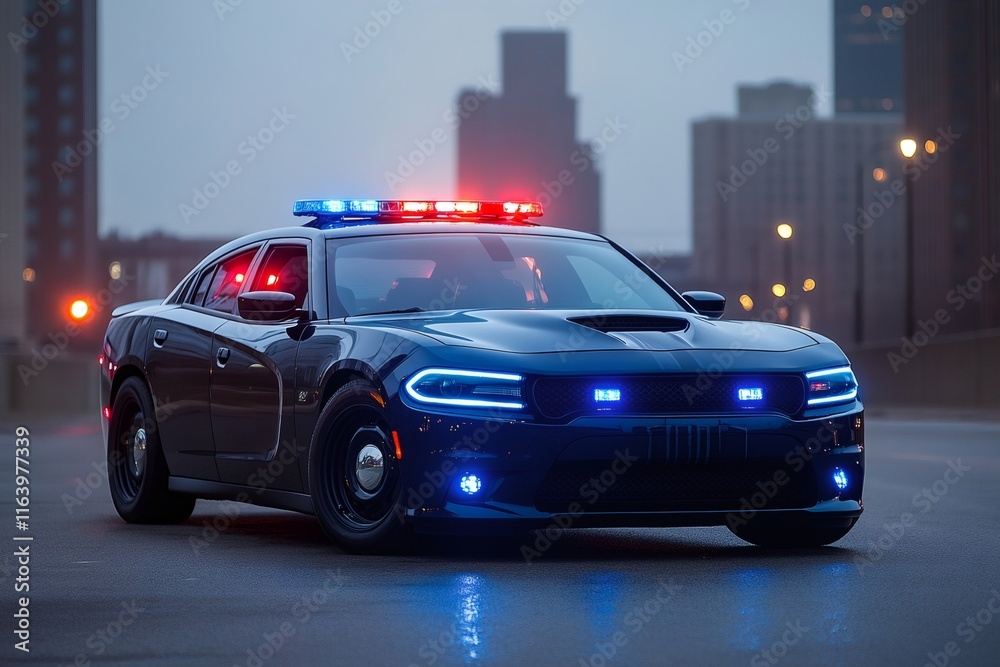 Modern police car parked on city street at dusk with flashing lights Modern police car parked on city street at dusk with flashing lights