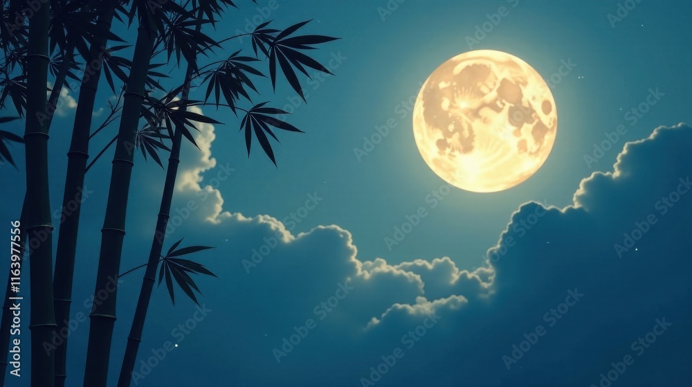 Fototapeta premium Serene Nighttime Scene Featuring Bamboo Silhouettes Underneath a Bright Full Moon and Soft Clouds