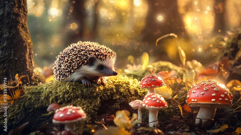 Fototapeta premium Adorable hedgehog in a magical autumn forest with mushrooms.