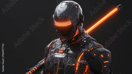 A cyber-enhanced mercenary wielding a glowing katana and wearing sleek tactical armor photo