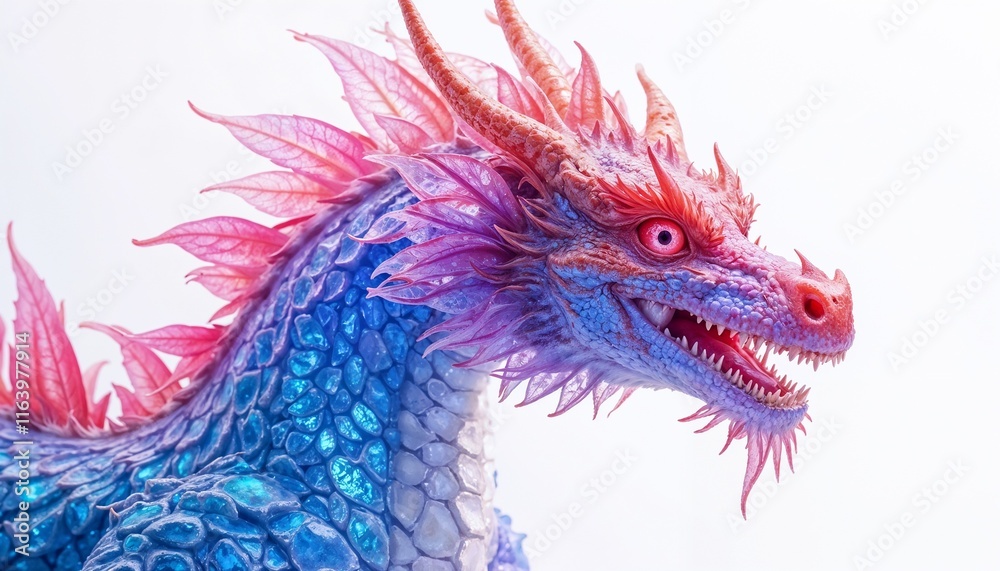 Obraz premium Colorful fantasy dragon head sculpture with vibrant scales and fierce expression