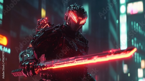 A cyber-enhanced mercenary wielding a glowing katana and wearing sleek tactical armor