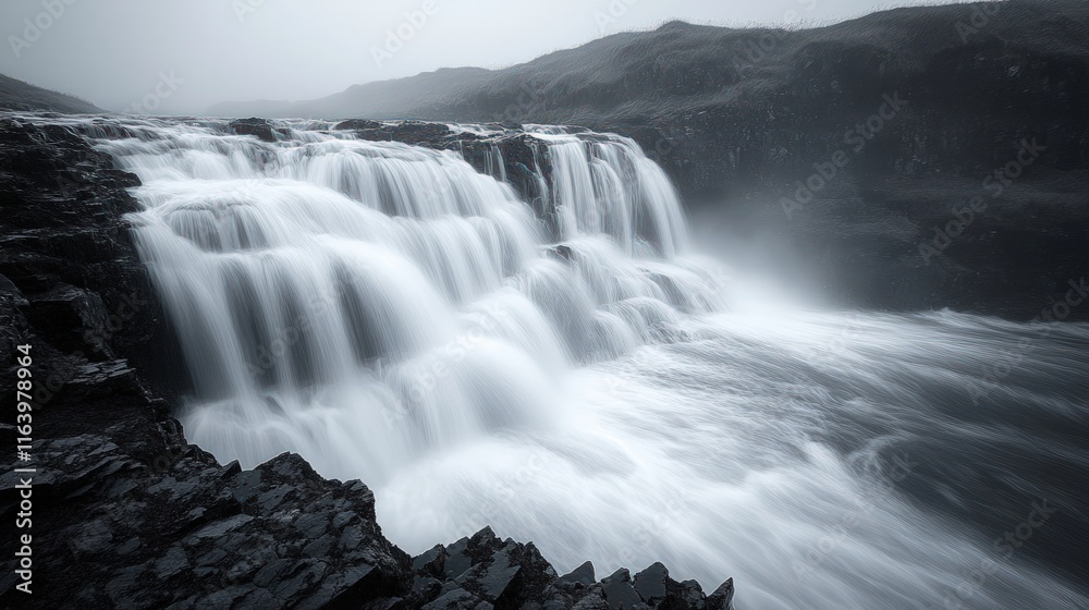 Serene waterfall cascading over dark rocks. Serene waterfall cascading over dark rocks.