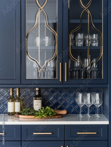 Elegant Dark Blue Bar Cabinet With Gold Accents