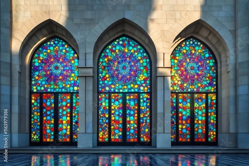 Colorful stained glass windows illuminating modern mosque architecture photo