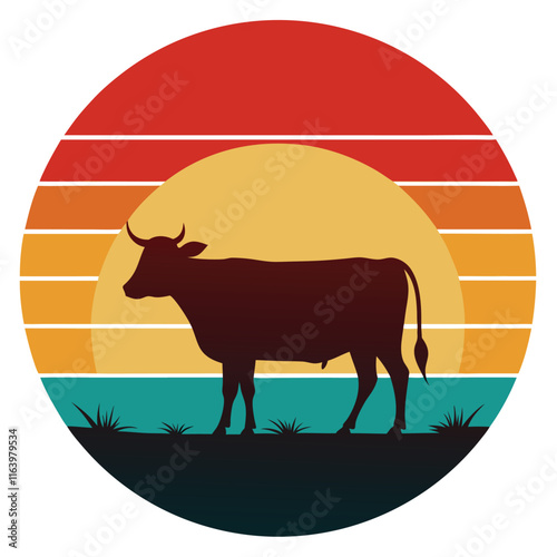 Retro Sunset Cow Silhouette Farm Animal Vintage Design Graphic photo