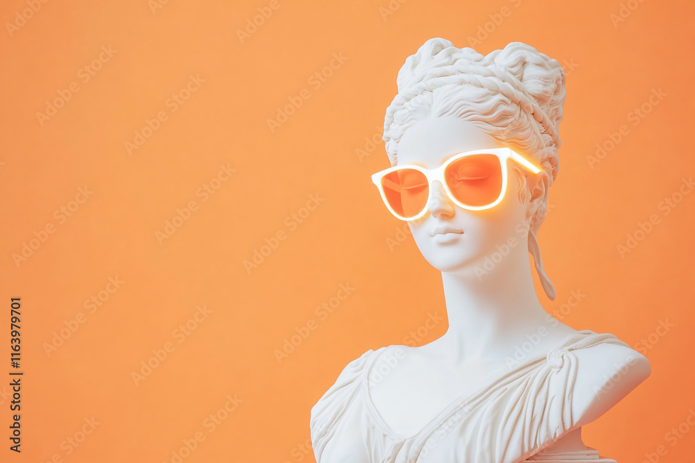 A white Greek statue of an ancient goddess wearing neon sunglasses on an orange background