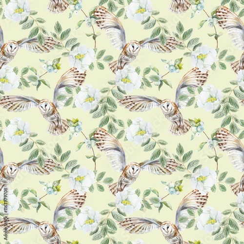 Barn owl with green twigs and white flowers seamless pattern. Watercolor illustration on green background. Wrapping paper, wallpaper, fabric, covers.