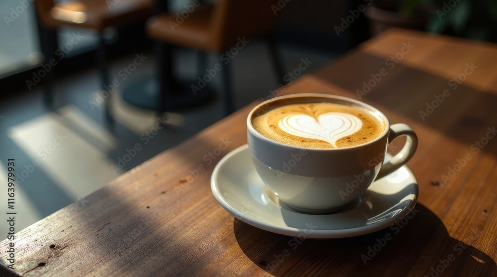 Obraz premium Aromatic Latte Art Heart-Shaped Foam in a Warm Morning Beverage on Wooden Table
