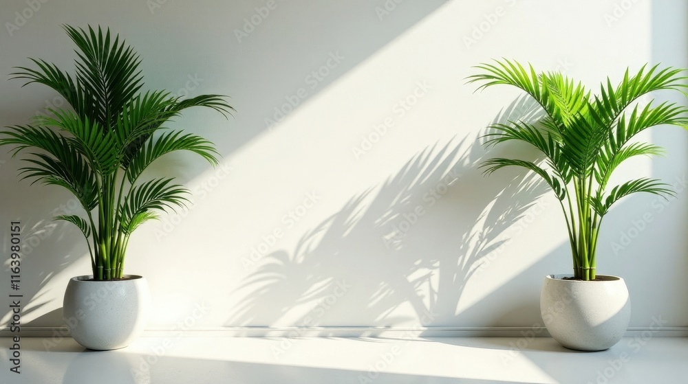 Sunlight Illuminates Two Lush Indoor Palm Plants in Simple White Pots Against a Pristine White Wall Sunlight Illuminates Two Lush Indoor Palm Plants in Simple White Pots Against a Pristine White Wall