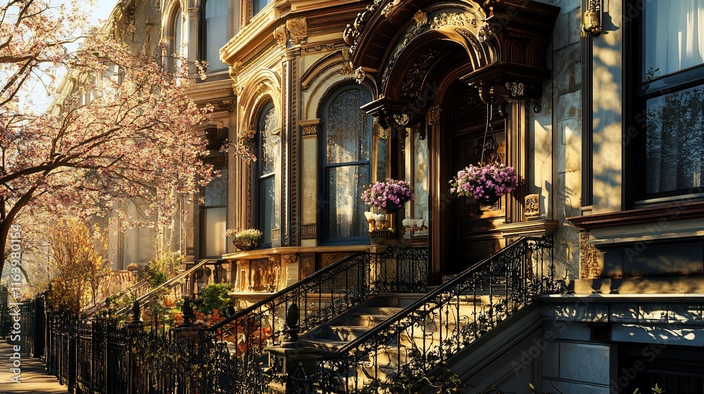 Fototapeta premium Charming, historic brownstones in a city neighborhood, adorned with ornate details, springtime blossoms, and morning sunlight.