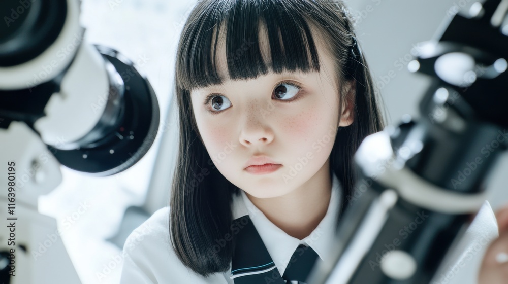 Intriguing young girl exploring with telescope in a bright setting Intriguing young girl exploring with telescope in a bright setting