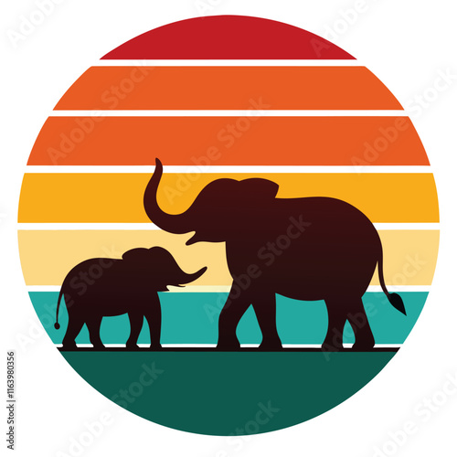 Retro Sunset Silhouette of African Elephants Mother and Calf