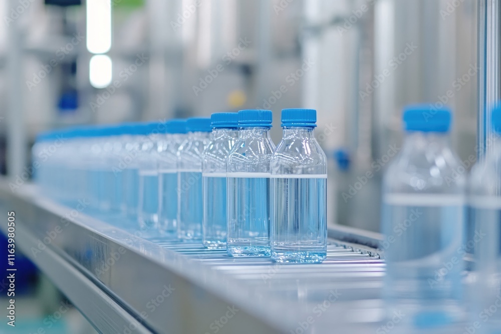 Bottled Water Production Line with Clear Bottles and Blue Caps in a Factory Setting Bottled Water Production Line with Clear Bottles and Blue Caps in a Factory Setting