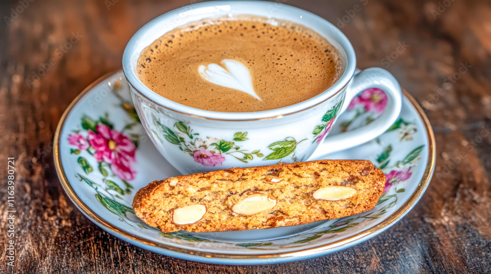 Small cup of espresso coffee with heart shaped foam and almond biscotti on wooden table Small cup of espresso coffee with heart shaped foam and almond biscotti on wooden table