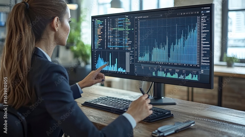 An office analyst reviews complex financial charts on a dual-monitor setup, signifying precision and commitment to understanding economic changes. An office analyst reviews complex financial charts on a dual-monitor setup, signifying precision and commitment to understanding economic changes.