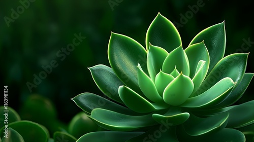 Close-up of a vibrant green succulent plant with sharp edges and glossy leaves, beautifully highlighted against a dark green blurred background, showcasing nature's elegant simplicity