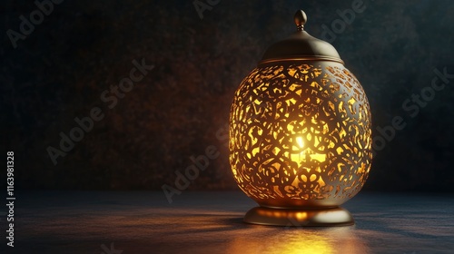 Golden lantern with candle, lamp with arabic decoration, arabesque design. Concept for islamic celebration day ramadan kareem or eid al fitr adha. 3d rendering illustration. photo