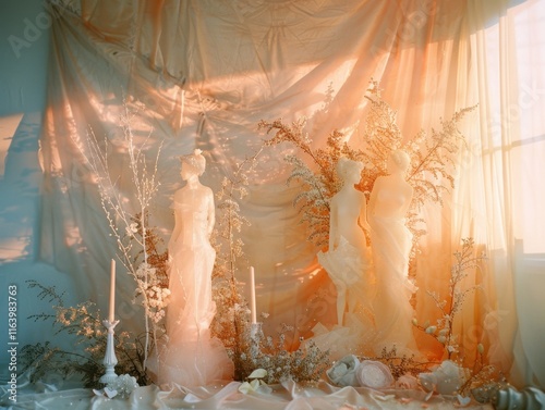 A serene display of sculptures surrounded by soft fabrics and natural elements, creating an ethereal atmosphere.