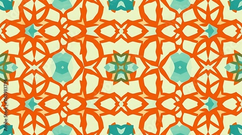 Kaleidoscope Pattern: A mesmerizing kaleidoscope pattern in vibrant orange, turquoise, and yellow hues. This intricate design features a repeating geometric motif. photo